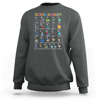 Charcoal science alphabet sweatshirt with colorful A–Z science icons on front