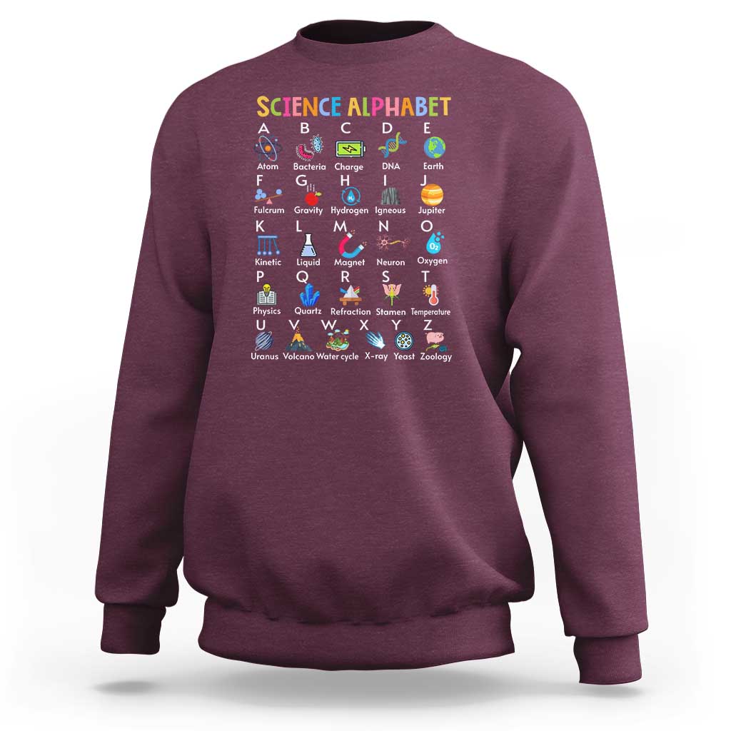 Burgundy science alphabet sweatshirt with colorful A–Z science icons on front