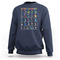 Navy science alphabet sweatshirt with colorful A–Z science icons on front