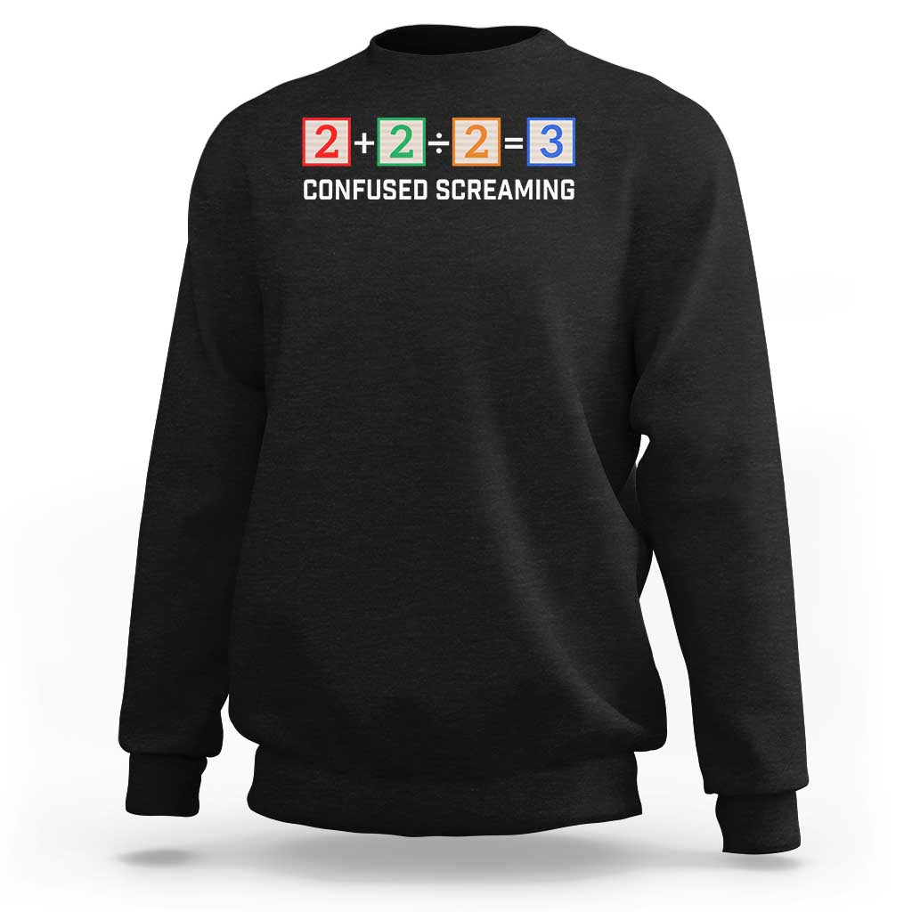 Black crewneck sweatshirt with math blocks and text "CONFUSED SCREAMING".