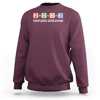 Maroon crewneck sweatshirt with math blocks and text "CONFUSED SCREAMING".