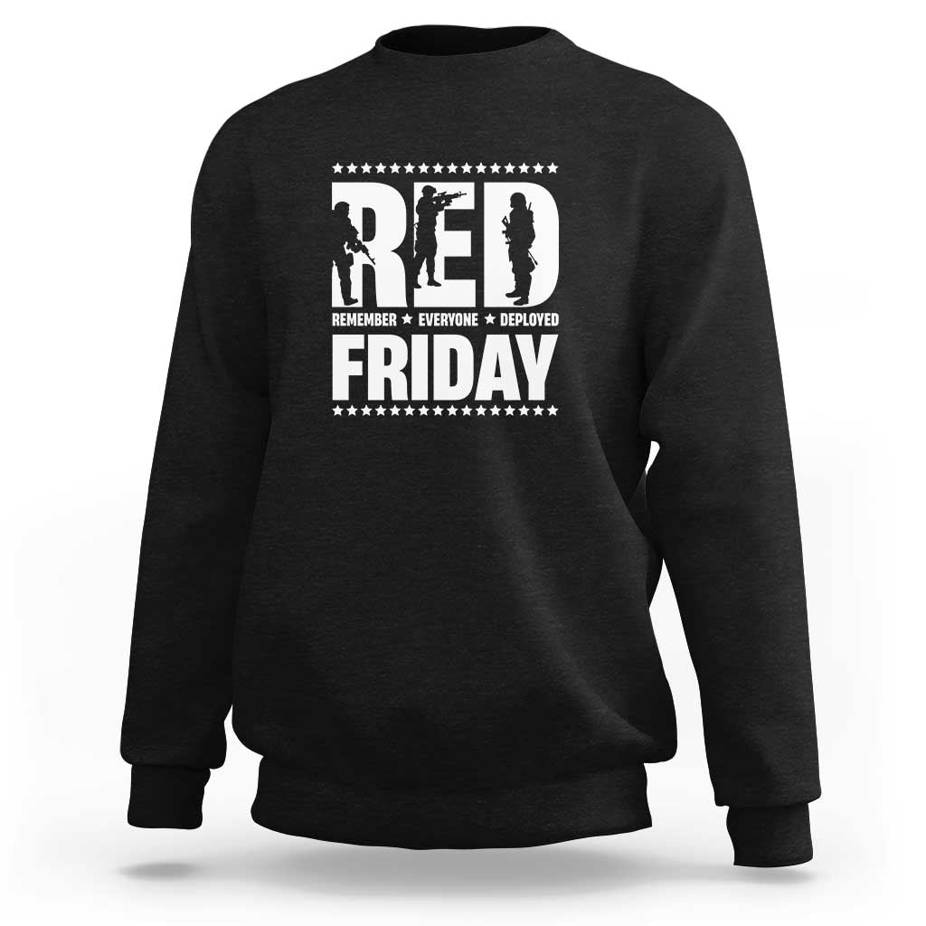 Black crewneck sweatshirt with star graphic and “RED Friday” text on back