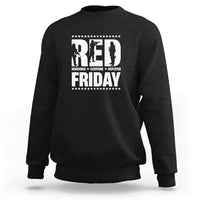 Black crewneck sweatshirt with star graphic and “RED Friday” text on back