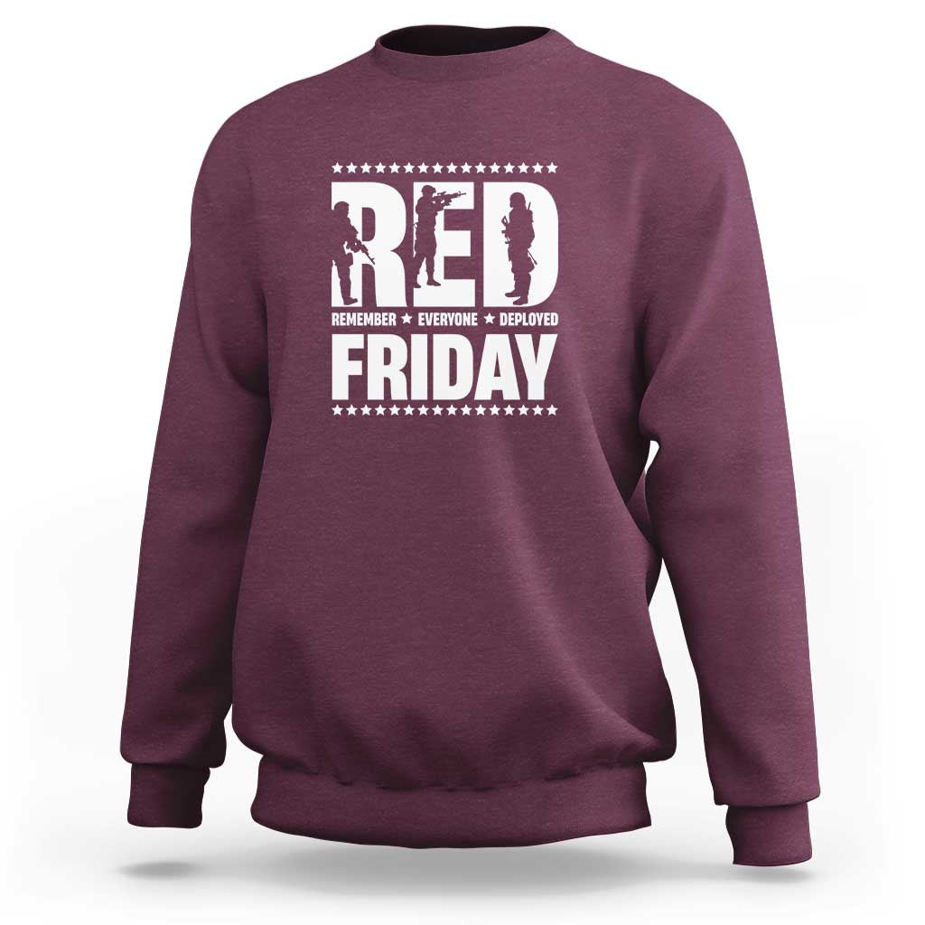 Maroon crewneck sweatshirt with star graphic and “RED Friday” text on front
