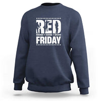 Navy crewneck sweatshirt with star graphic and “RED Friday” text on front