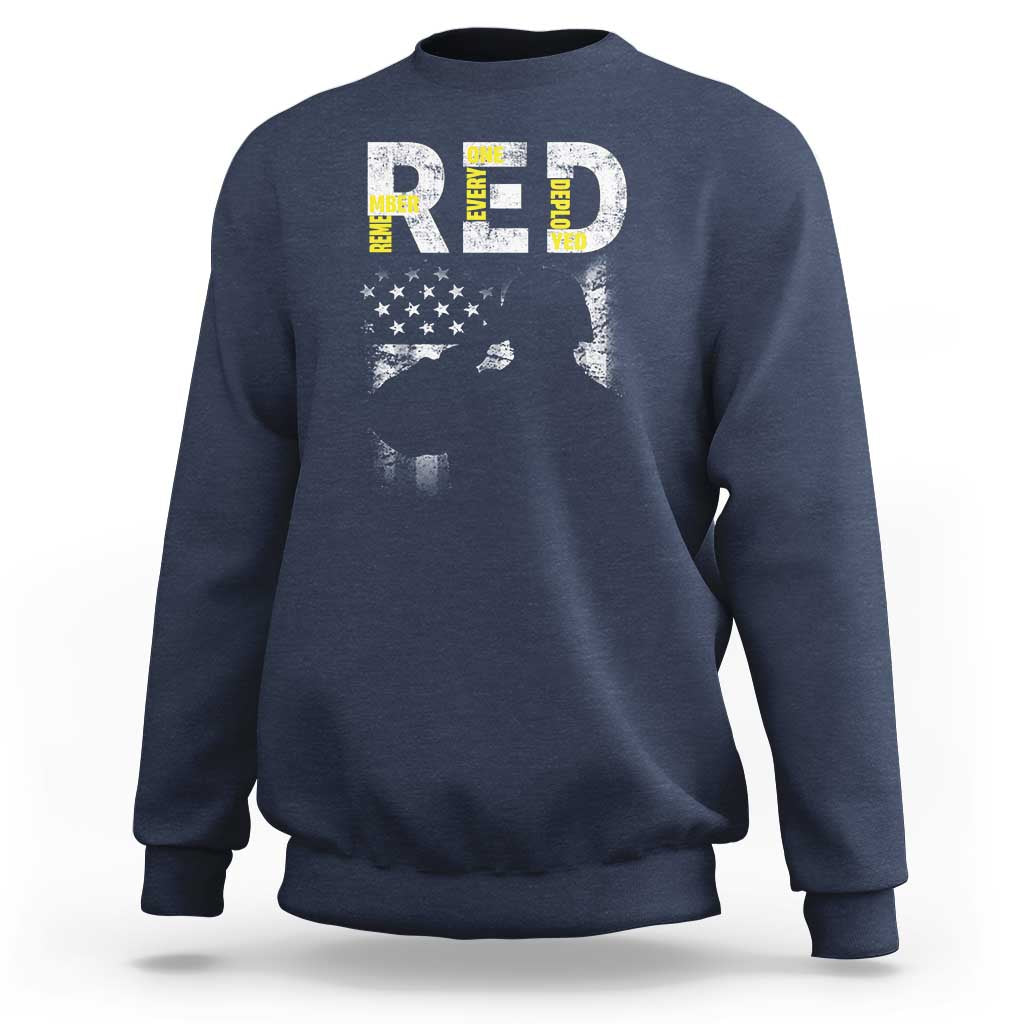 Navy crewneck sweatshirt with vintage American flag veteran graphic