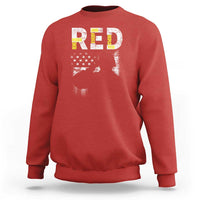 Red crewneck sweatshirt with vintage American flag veteran graphic