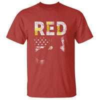 Red crew-neck T-shirt with distressed patriotic flag and large “RE” graphic on chest