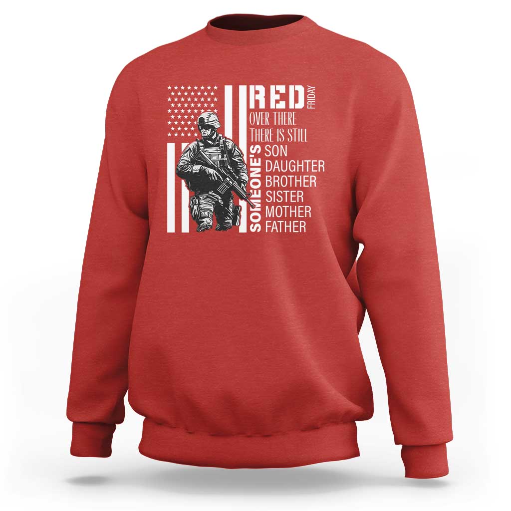 Red crewneck sweatshirt with white patriotic soldier graphic and family text