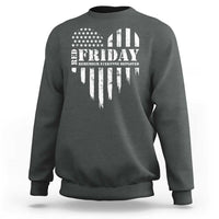 Charcoal gray crewneck sweatshirt with white patriotic “4U Friday” graphic and stripes