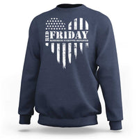Navy crewneck sweatshirt with white patriotic “4U Friday” graphic and stripes