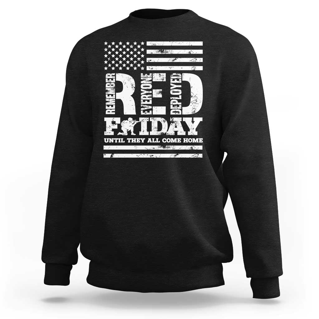 Black crewneck sweatshirt with large U.S. flag and “Remember Everyone Deployed” graphic
