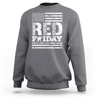 Gray crewneck sweatshirt with U.S. flag and “Remember Everyone Deployed” holiday message graphic