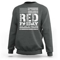 Charcoal crewneck sweatshirt with U.S. flag and “Remember Everyone Deployed” memorial graphic