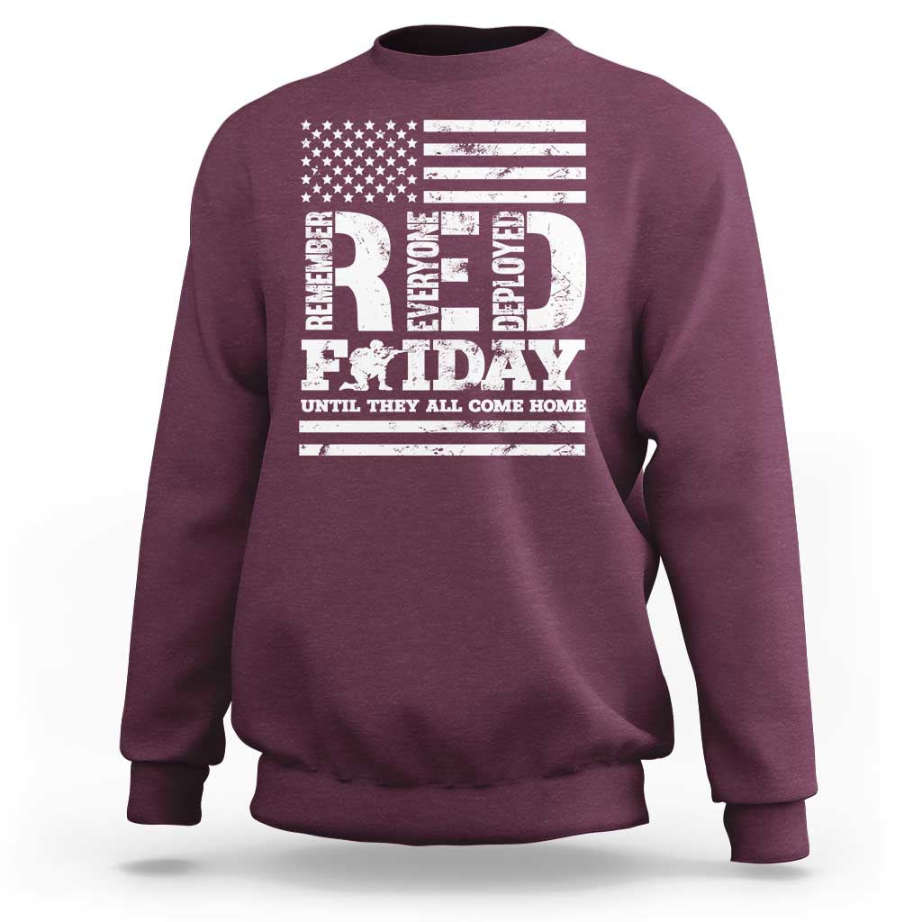 Maroon crewneck sweatshirt with U.S. flag and “Remember Everyone Deployed” memorial graphic