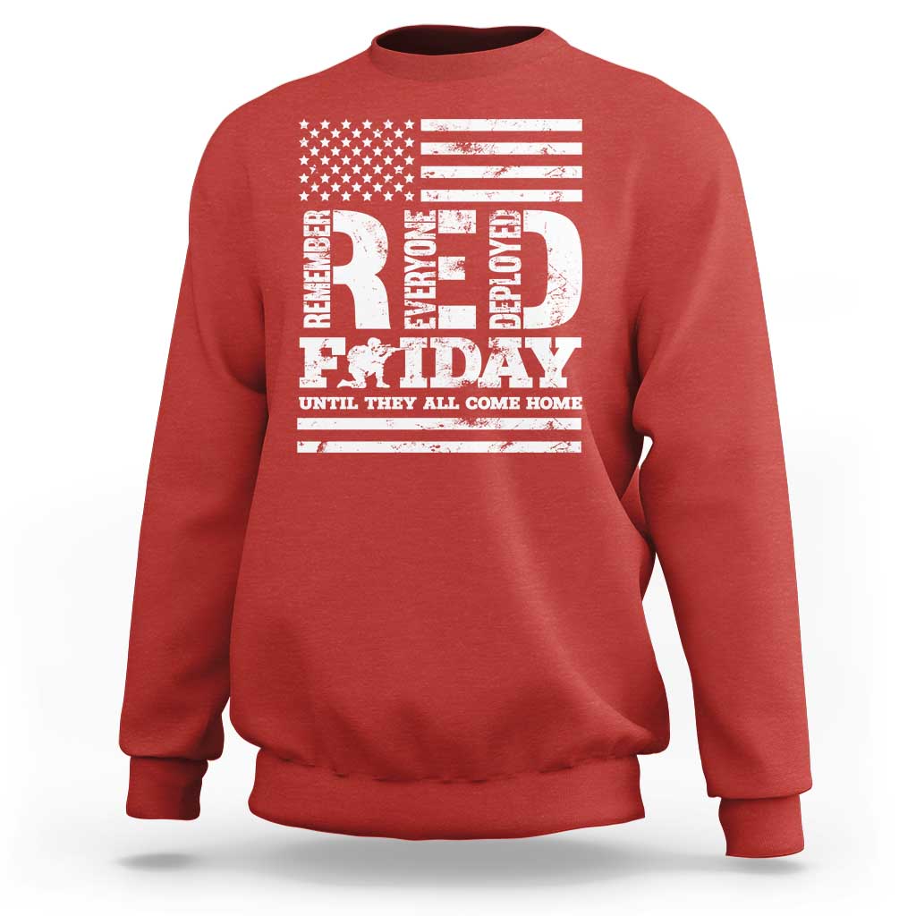Red crewneck sweatshirt with U.S. flag and “Remember Everyone Deployed” remembrance graphic