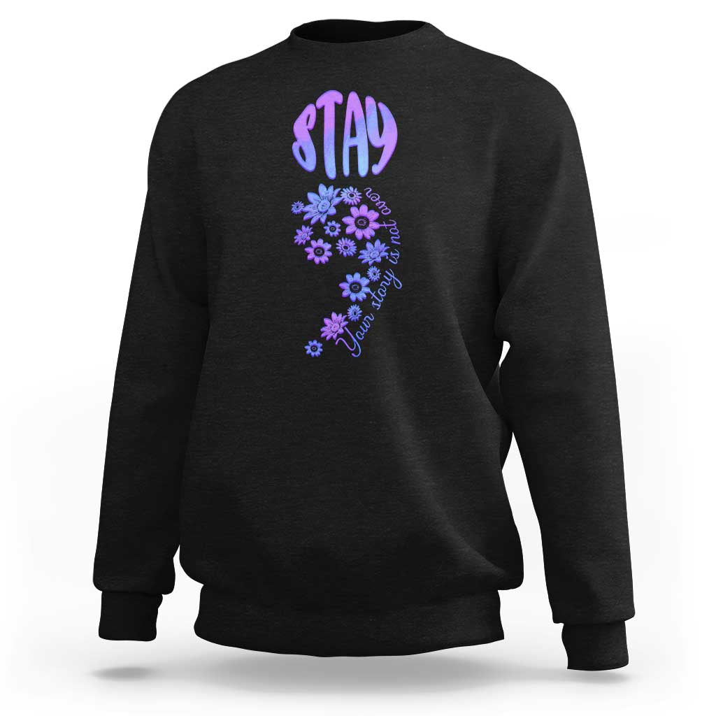 Black crewneck sweatshirt with 'STAY' and purple flower awareness graphic on back