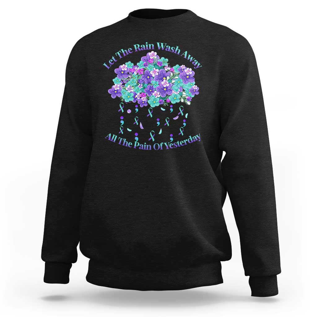 Black crewneck sweatshirt with floral rain-and-semicolon graphic on front