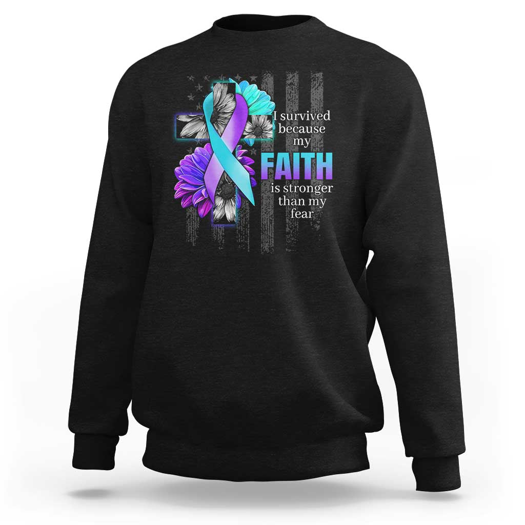 Black sweatshirt with “FAITH” suicide prevention ribbon flower graphic