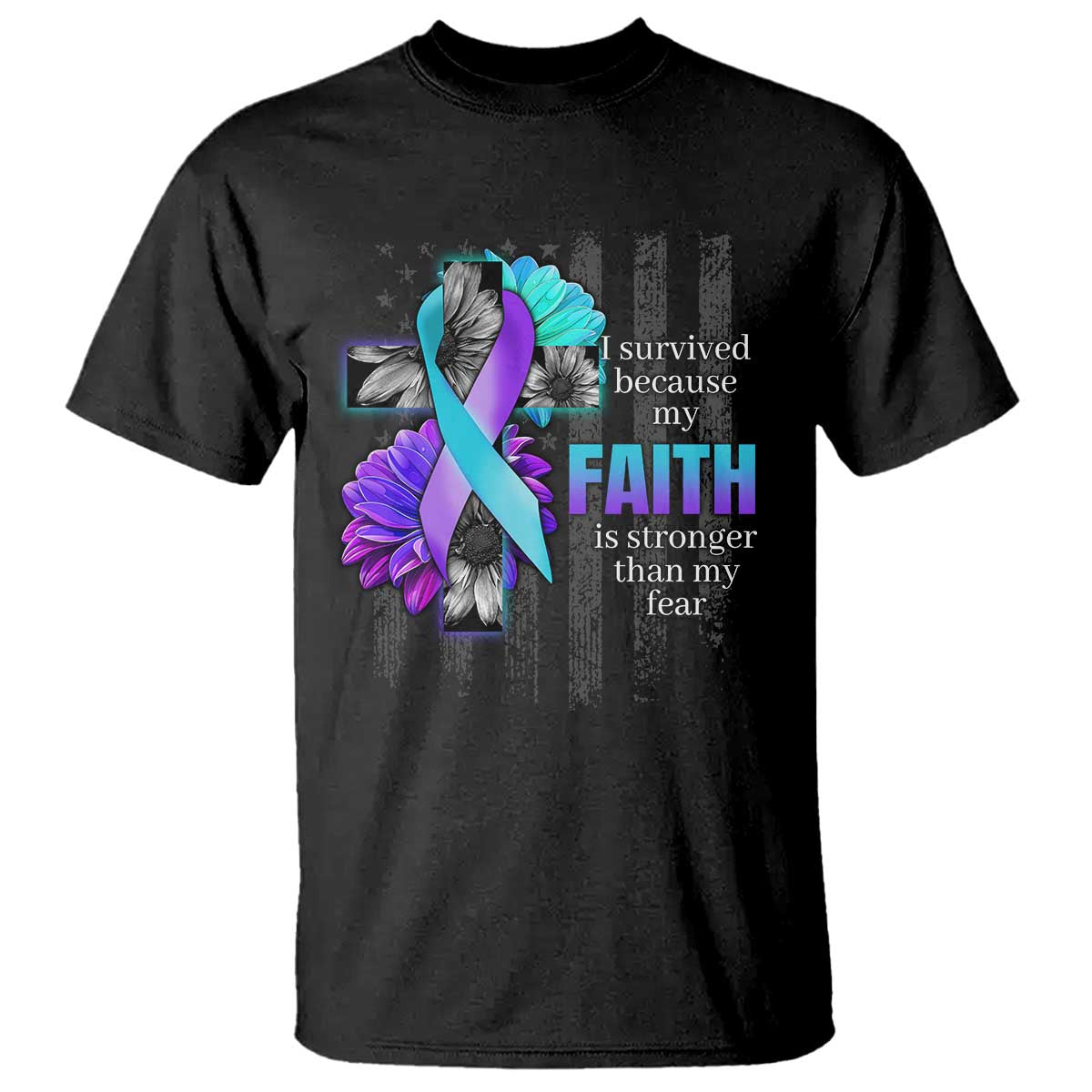 Black faith graphic T-shirt with purple/teal ribbon flower and “FAITH” text