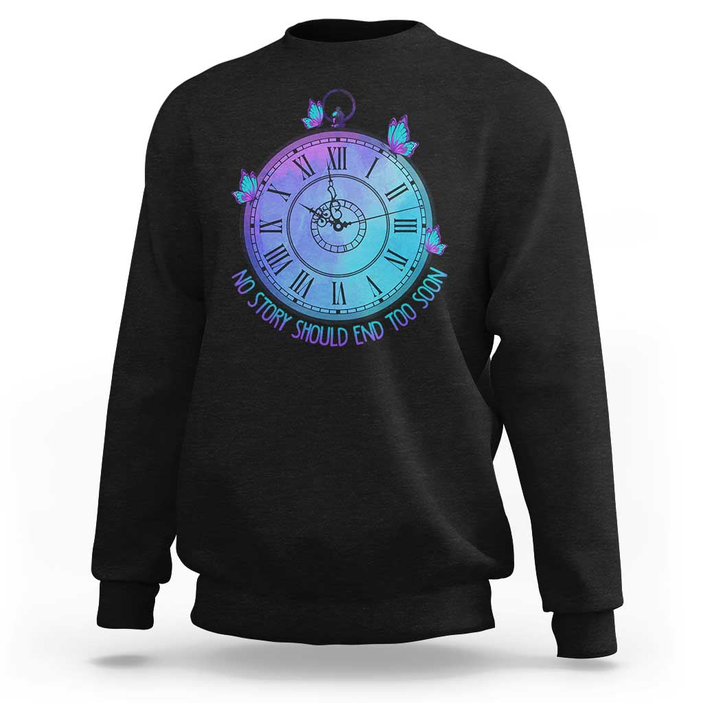 Black crewneck sweatshirt with purple butterfly clock graphic on back.