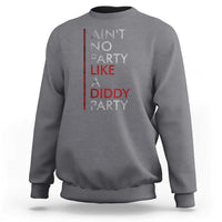Dark heather gray crewneck sweatshirt with vertical striped graphic text on back