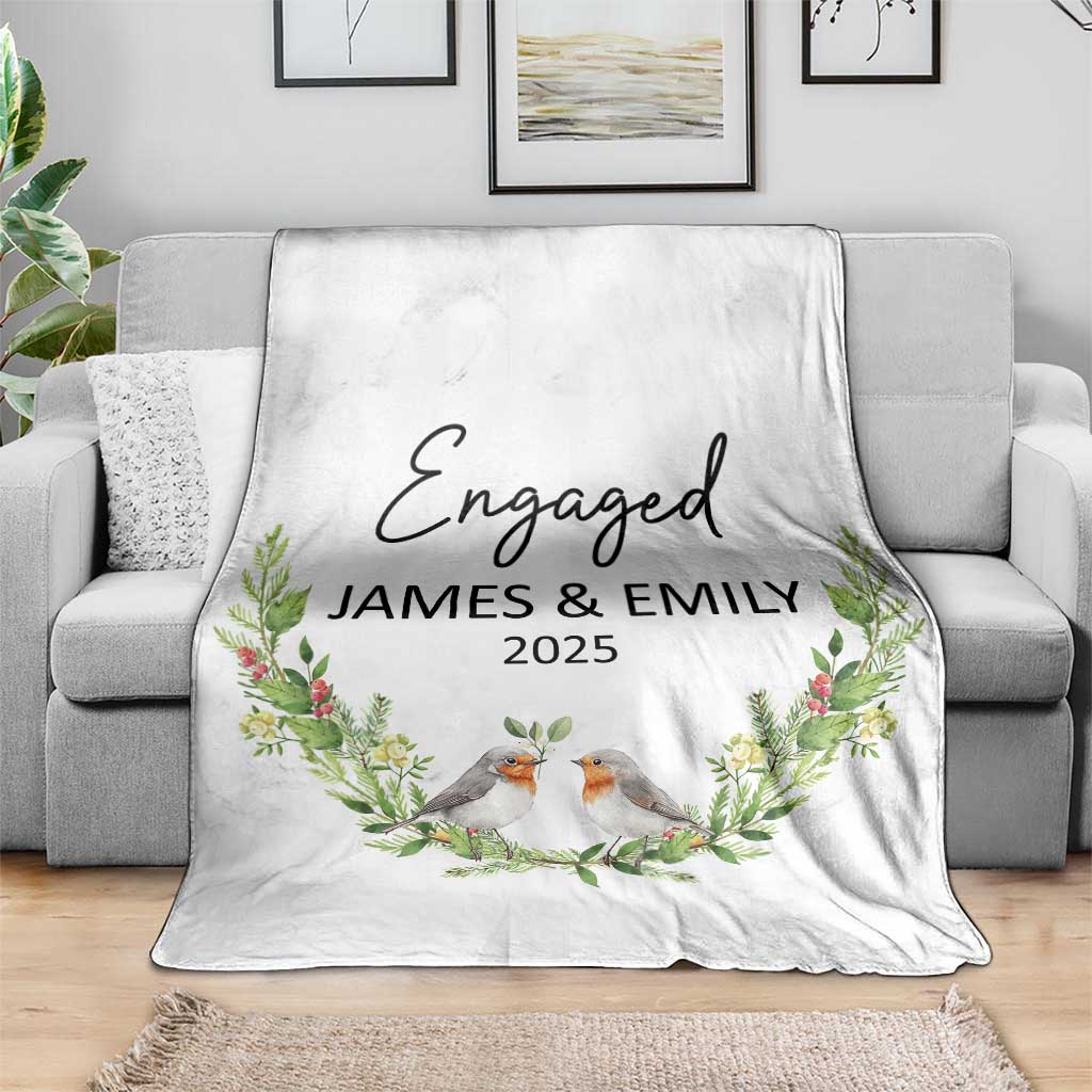 Personalized Engaged Throw Blanket Custom Name Mr & Mrs Engagement Bird Mistletoe - Wonder Print Shop