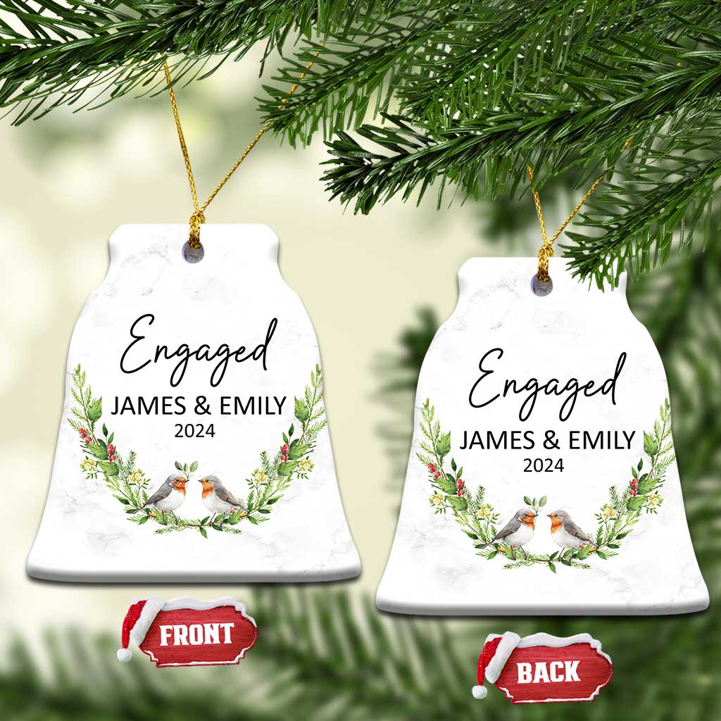Set of two personalized engaged bell-shaped Christmas ornaments with “Engaged,” James & Emily, 2024.