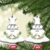 Pair of personalized engaged bell-shaped Christmas ornaments with birds, James & Emily, 2024, front/back.