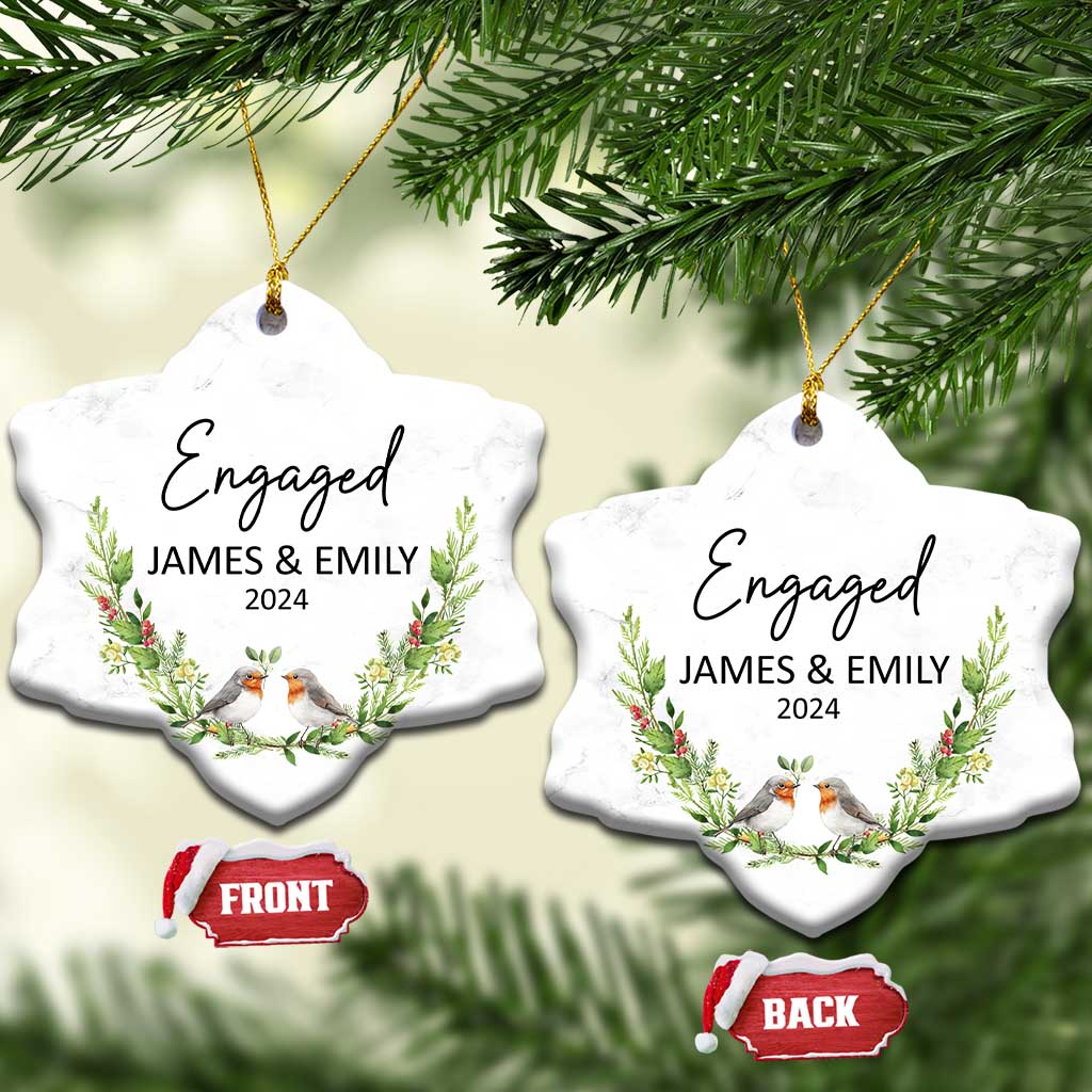 Set of two personalized engaged heart-shaped Christmas ornaments with front and back views, James & Emily 2024.