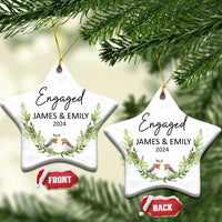 Set of two personalized engaged star-shaped Christmas ornaments with “Engaged,” James & Emily, 2024.