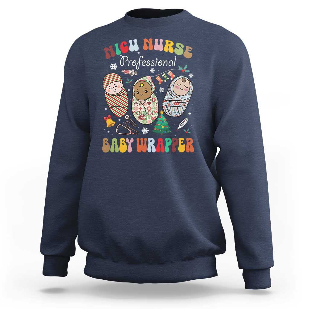 Navy sweatshirt with NICU Nurse Professional Baby Wrapper graphic and characters