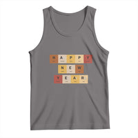 Gray tank top with colorful 'HAPPY NEW YEAR' block lettering graphic