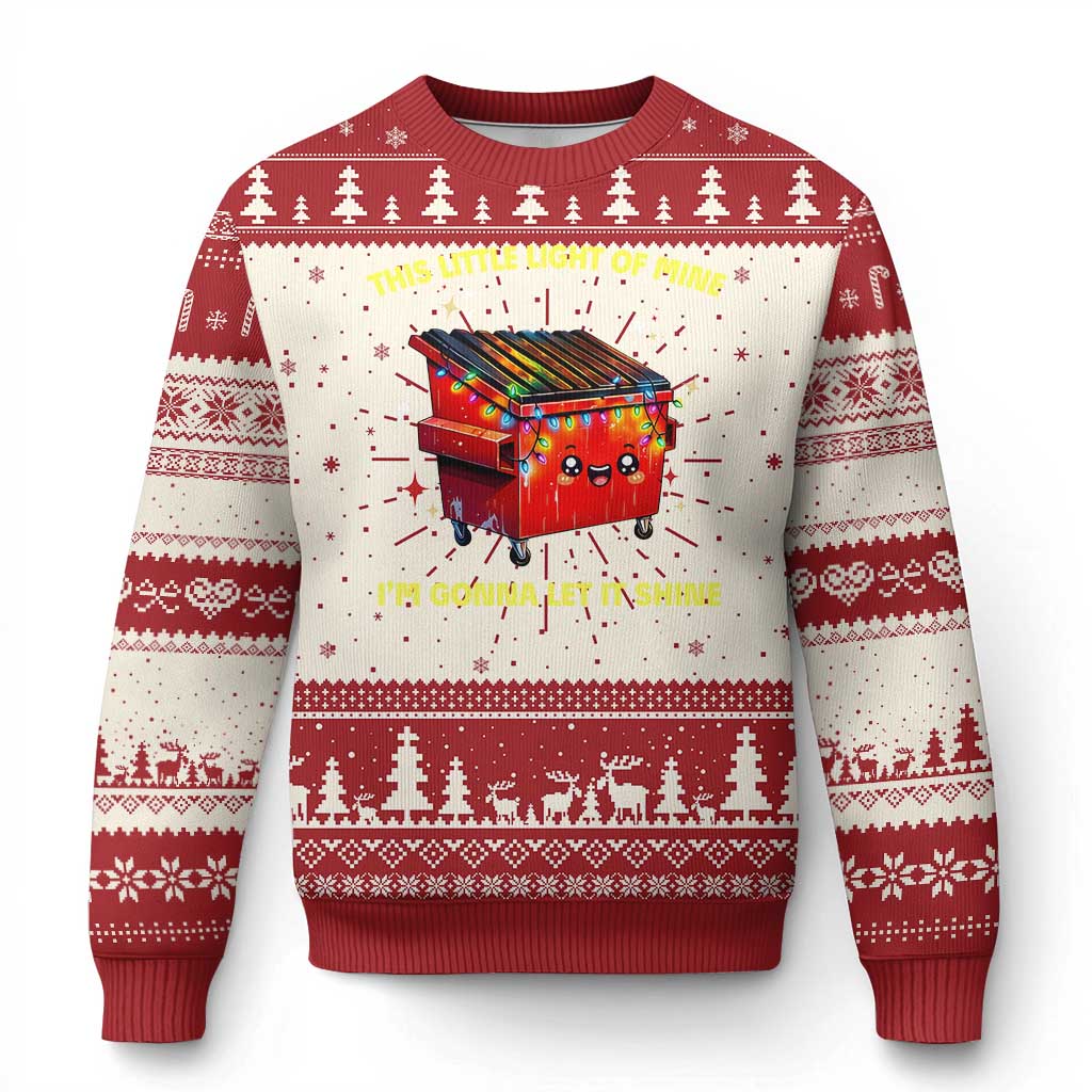 Red and cream ugly Christmas sweater with dumpster graphic and holiday tree border