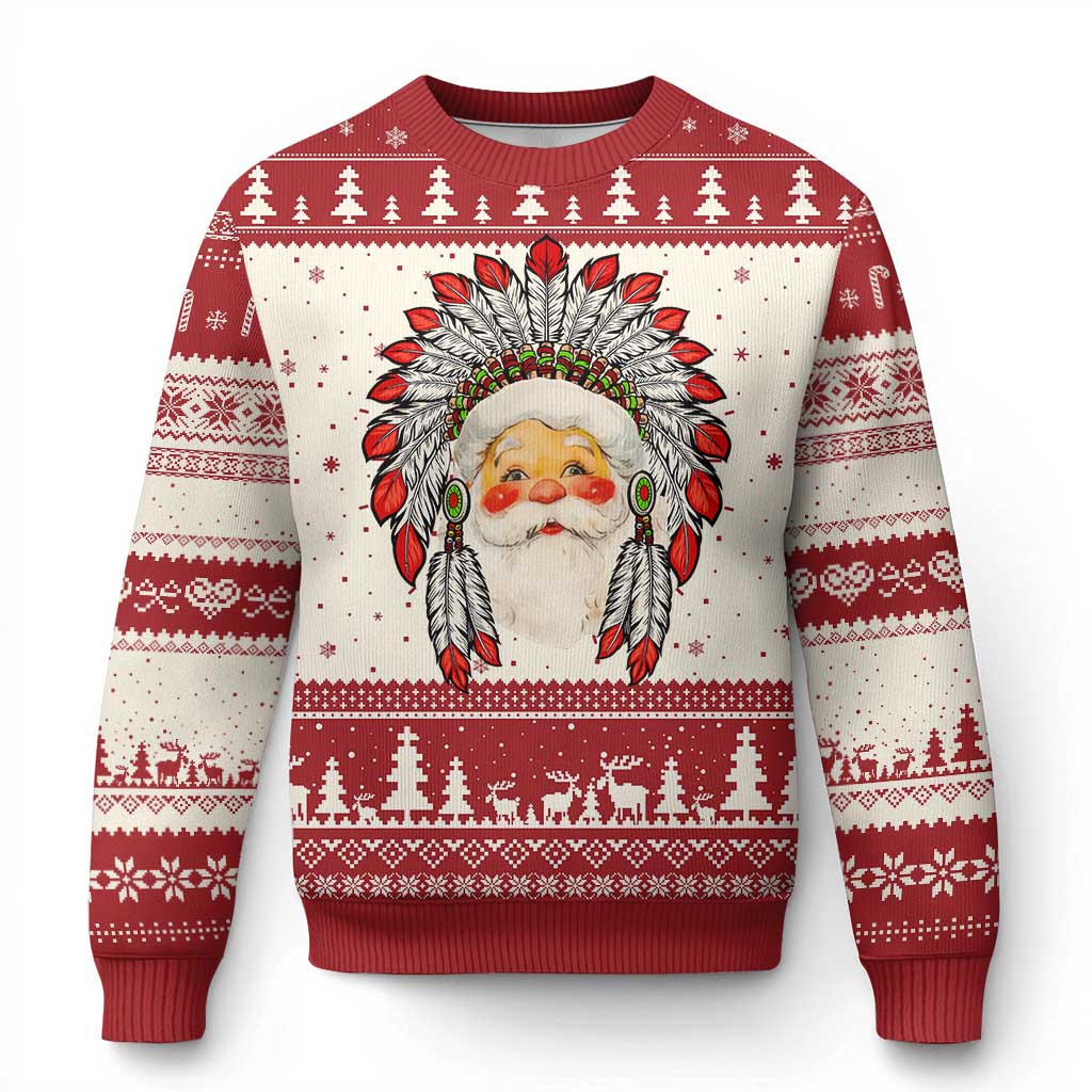 Funny Xmas Native American Indian Santa War Bonnet Ugly Christmas Sweater - Wonder Print Shop