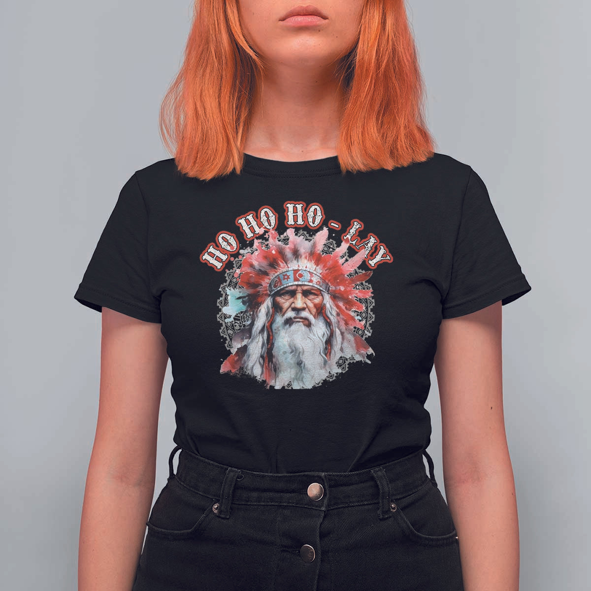 Funny Christmas Native American T Shirt For Women Ho Ho Lay War Bonnet Santa Indian Tribes - Wonder Print Shop