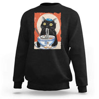 Black crewneck sweatshirt with cat and noodle Hanukkah graphic on the chest
