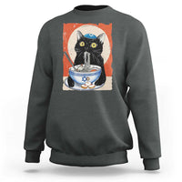 Dark heather crewneck sweatshirt with cat and noodle Hanukkah graphic on the chest