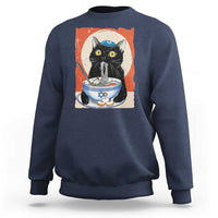 Navy crewneck sweatshirt with cat and noodle Hanukkah graphic on the chest