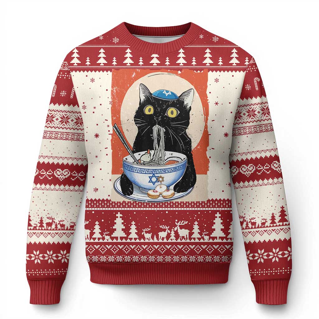 Red and white ugly Christmas sweater with black cat eating noodles graphic