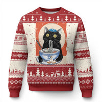 Red and white ugly Christmas sweater with black cat eating noodles graphic