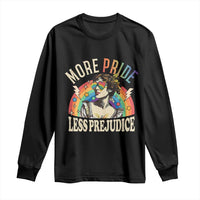 Black long-sleeve shirt with Pride “More Pride, Less Prejudice” graphic front