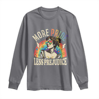 Charcoal long-sleeve shirt with Pride “More Pride, Less Prejudice” graphic front