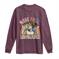 Maroon long-sleeve shirt with Pride “More Pride, Less Prejudice” graphic front