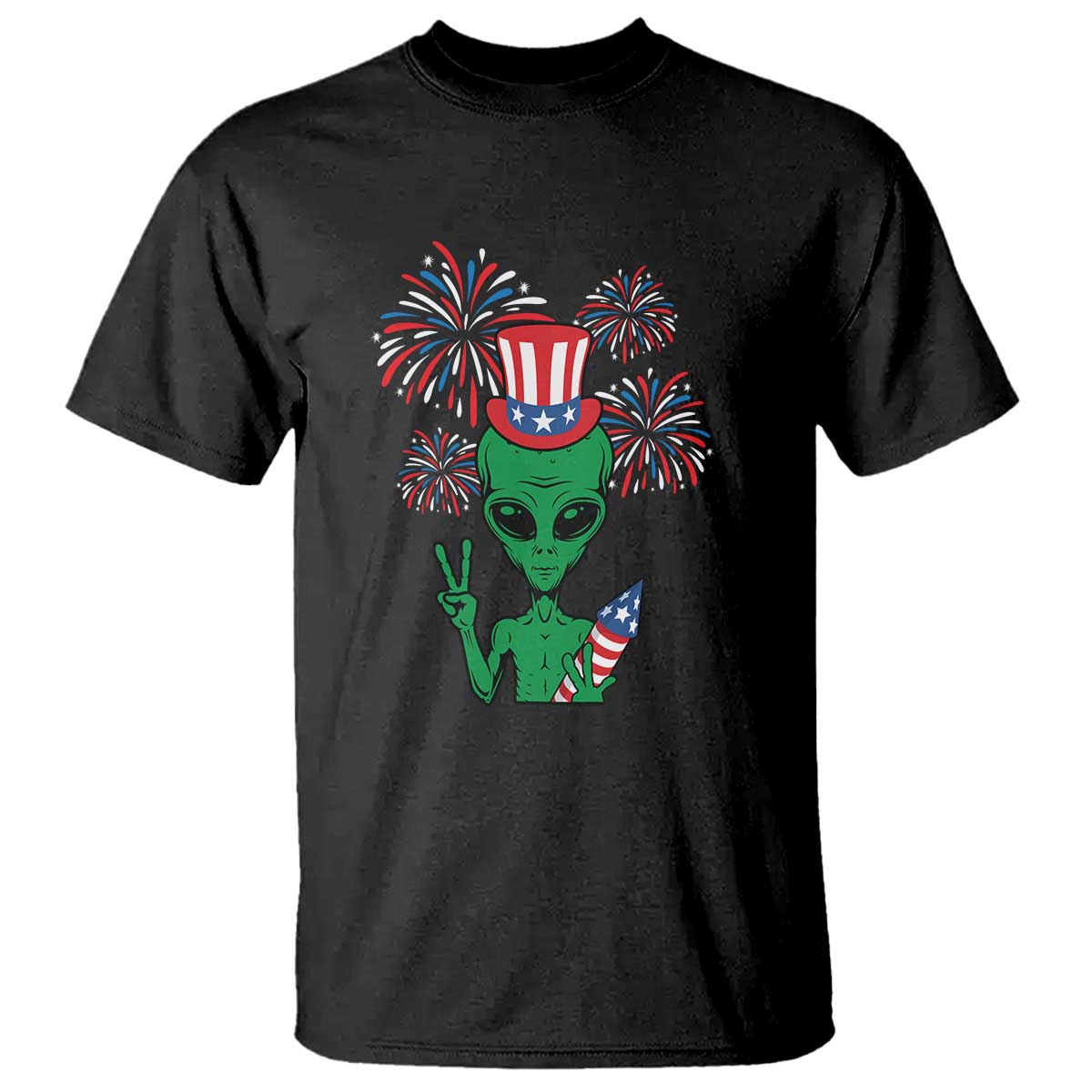Black alien graphic T-shirt with fireworks and American flag hat design