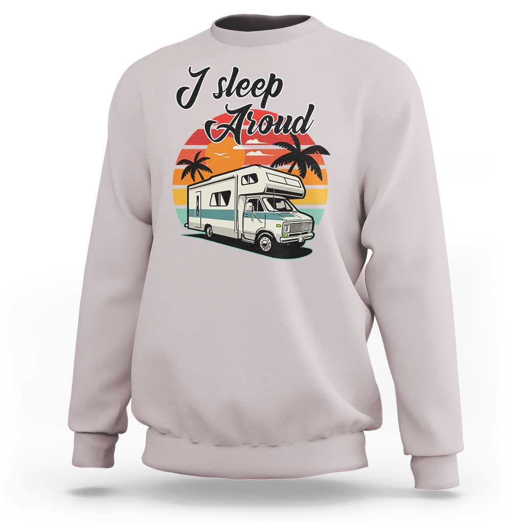 Ice gray camping crewneck sweatshirt with "I Sleep Proud" camper van graphic