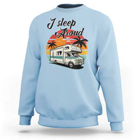 Light blue camping crewneck sweatshirt with "I Sleep Proud" camper van graphic