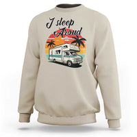 Sand camping crewneck sweatshirt with "I Sleep Proud" camper van graphic