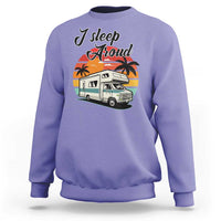 Violet camping crewneck sweatshirt with "I Sleep Proud" camper van graphic