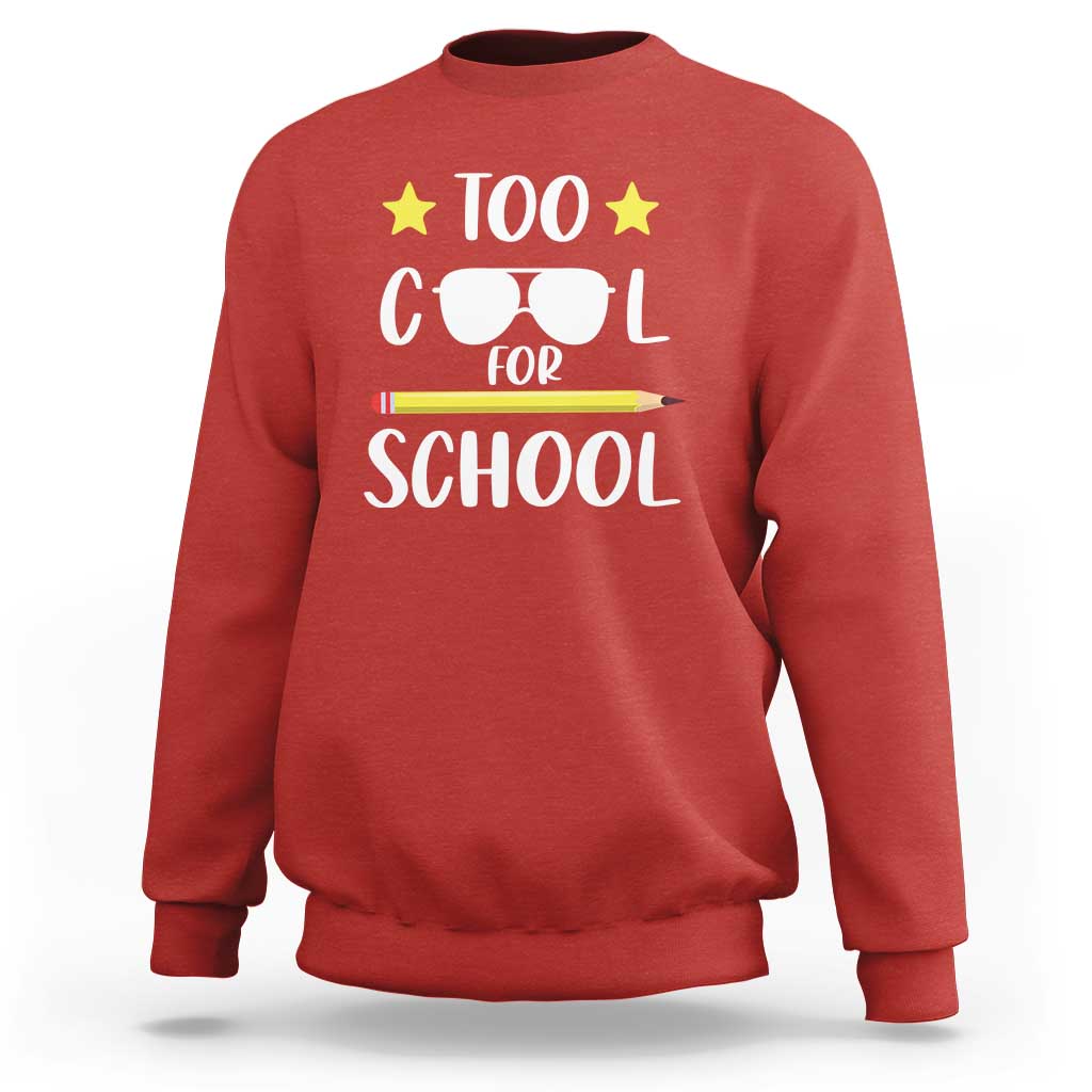 Red crewneck sweatshirt with 'Too Cool for School' sunglasses graphic